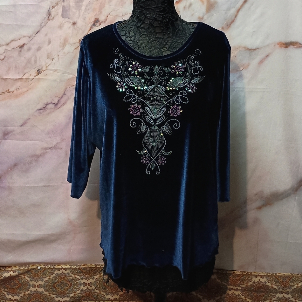 Blue Velvet Embroidered Sequin Top